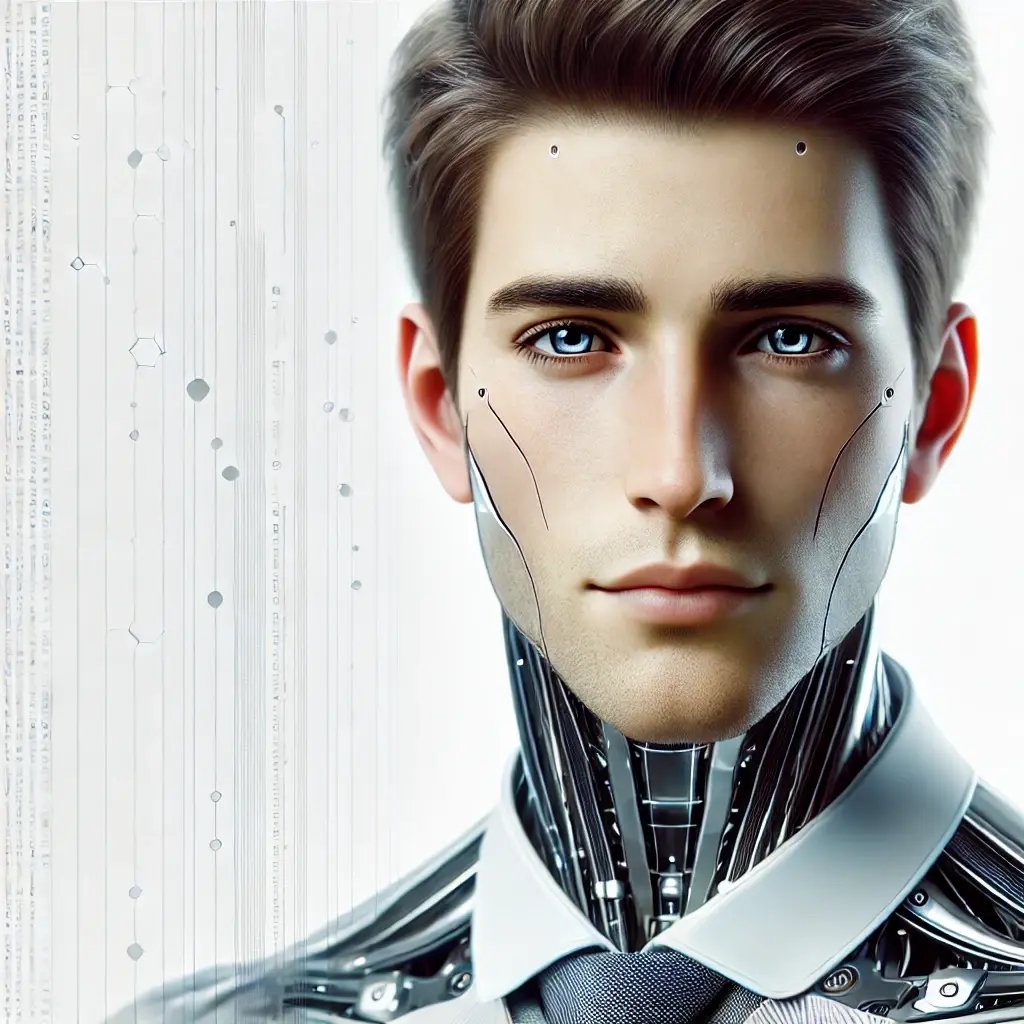 DALL·E 2025-02-04 09.21.53 - A professional, futuristic humanoid AI representing the Human-Tech Factor (HTF) for a SaaS product. The AI has a hyper-realistic human-like face with 